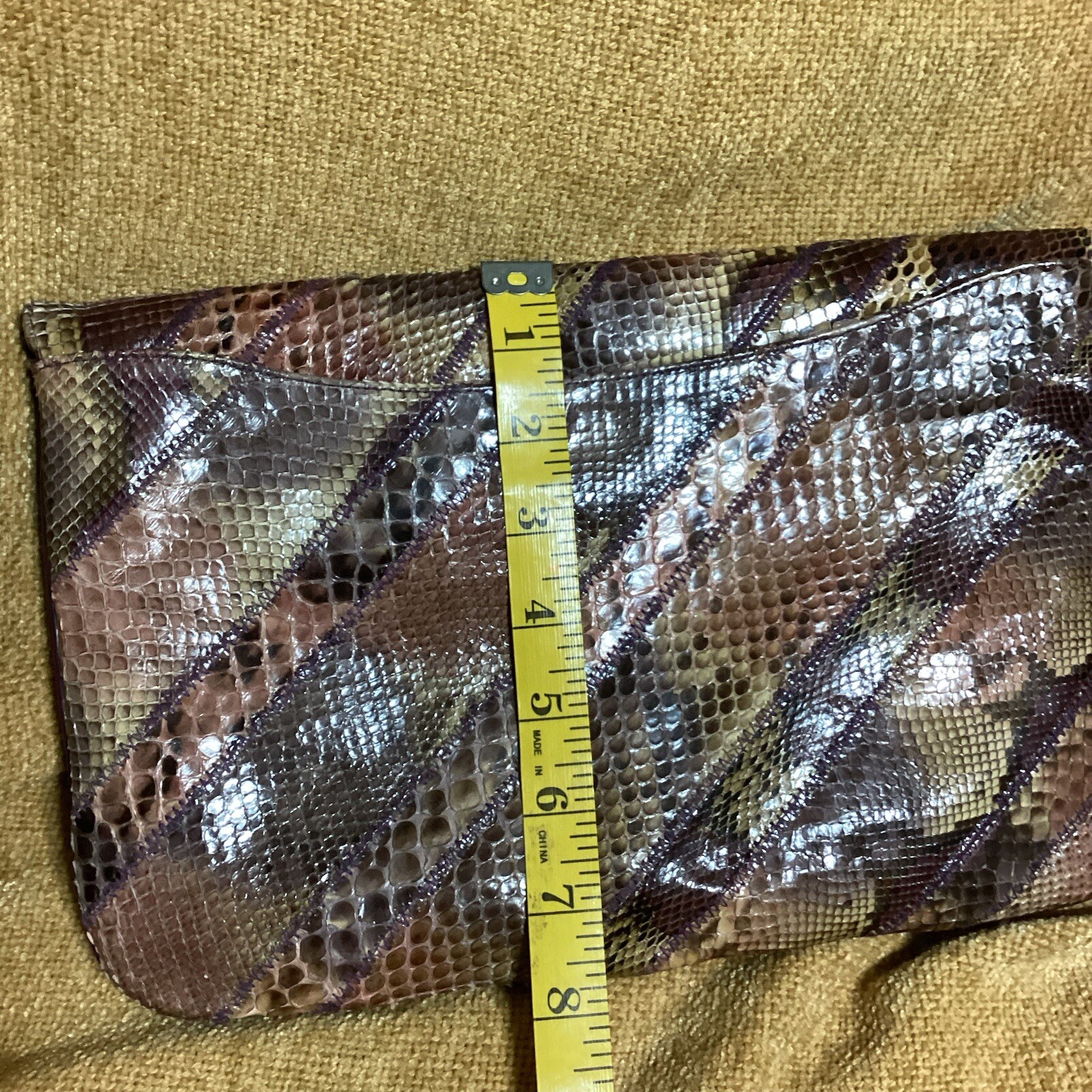 Vtg 80’s Snakeskin Purple/Pink/Beige/Brown Clutch Purse Python Gold Chain Strap