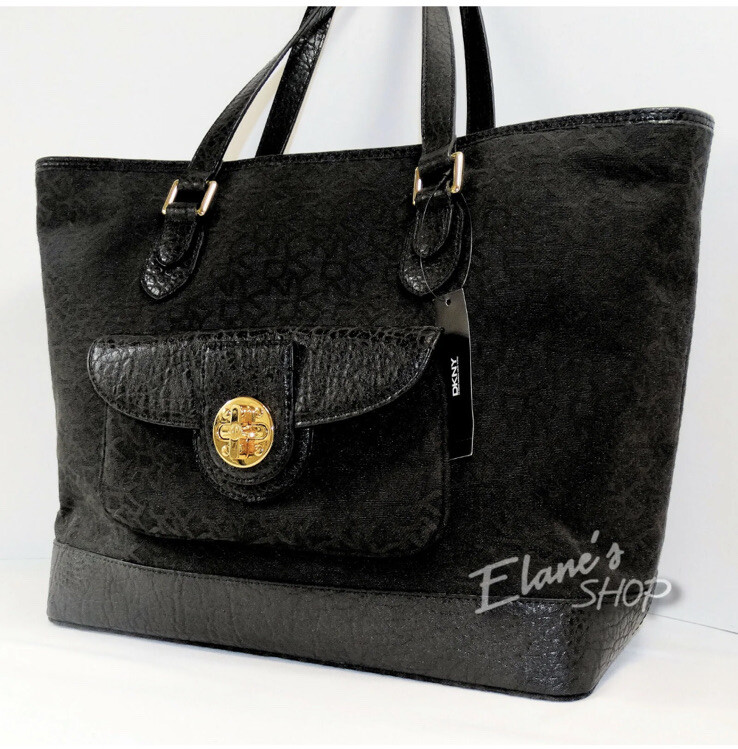 DKNY Authentic Signature t&c w/CIRCLE TURN-LOCK Black Tote HANDBAG NWT