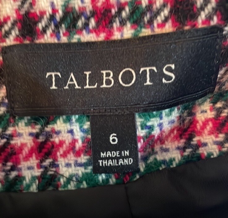Talbots Women’s Wool Blend Plaid Blazer Jacket Size 6 /Pink, Green, Black, White