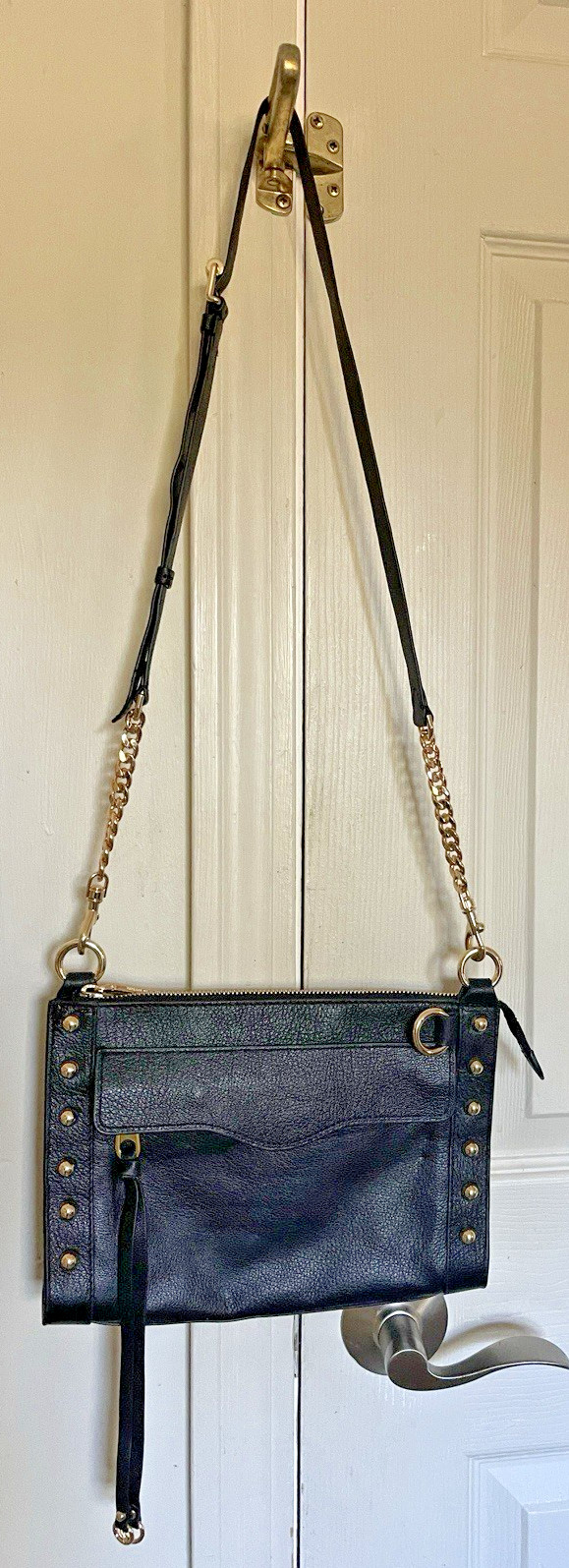 Rebecca Minkoff Women’s M.A.B. Crossbody Gold Studs Pebbled Black Leather Purse