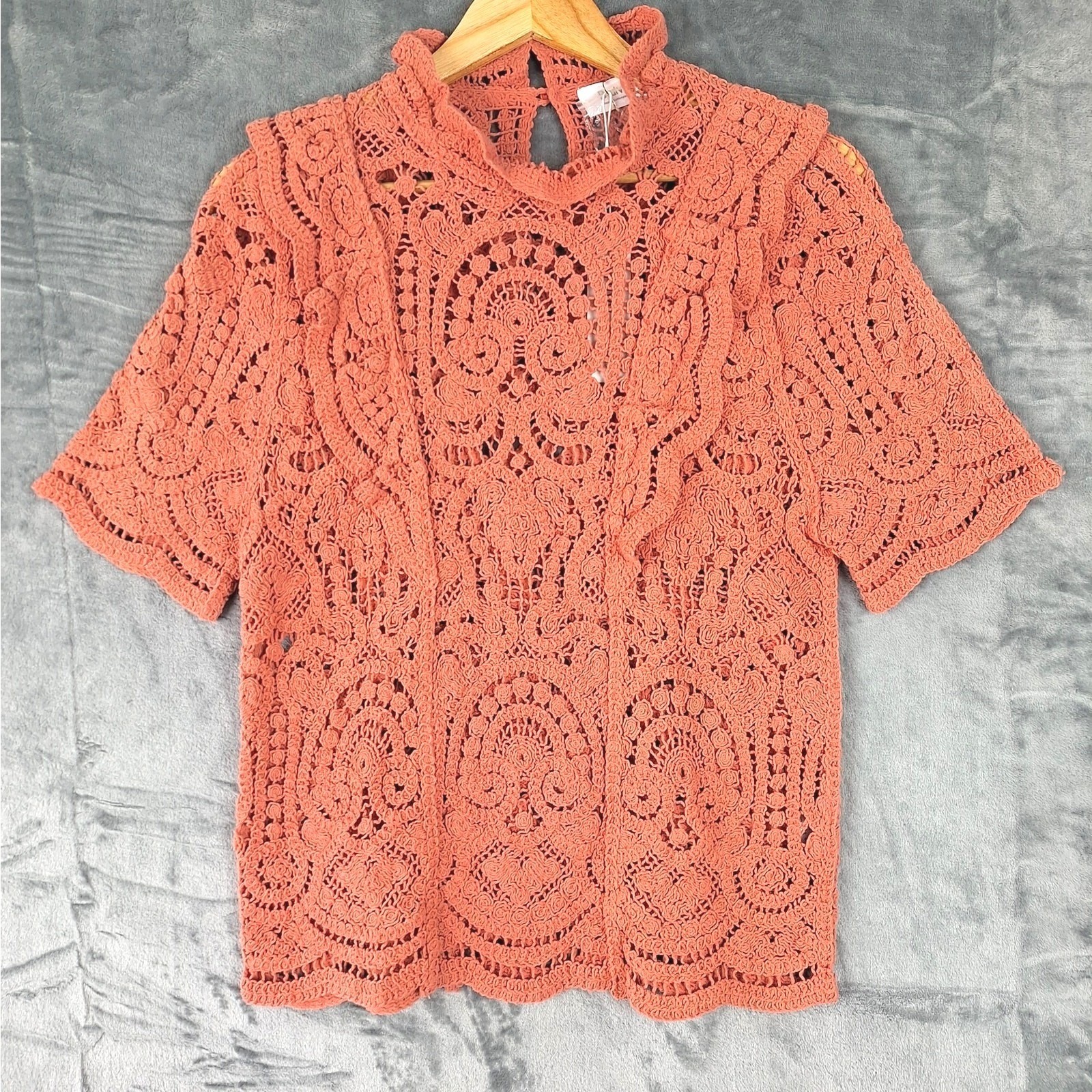 Womens Top Medium Crochet Boho Peasant Cottagecore Feminine Sheer Ruffle NWT
