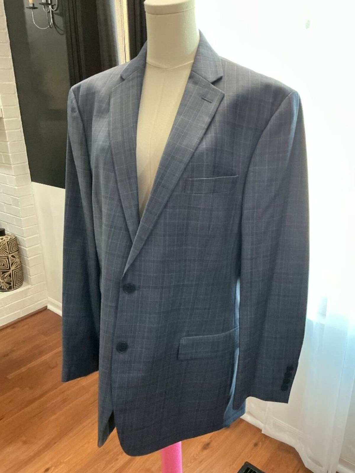 Calvin Klein Men’s Blue Plaid 100% Wool Blazer Sport Coat 42R