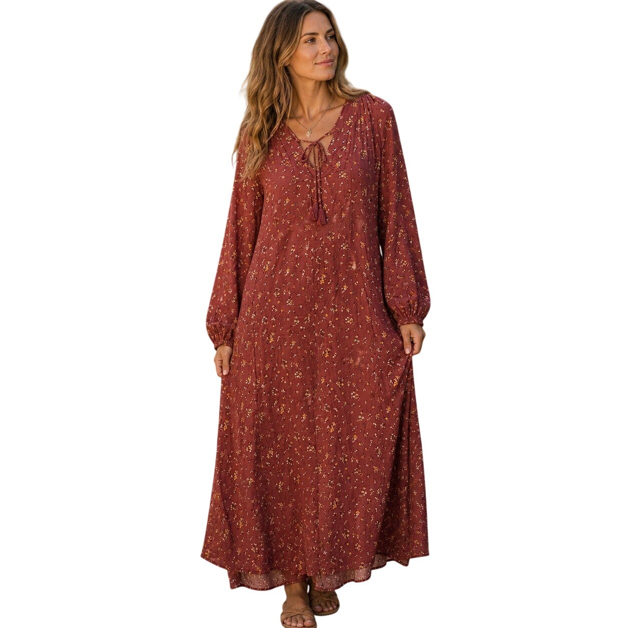 Natural Life Dress Womens Large Rust Floral Midi Lace Up Peasant Boho Casual