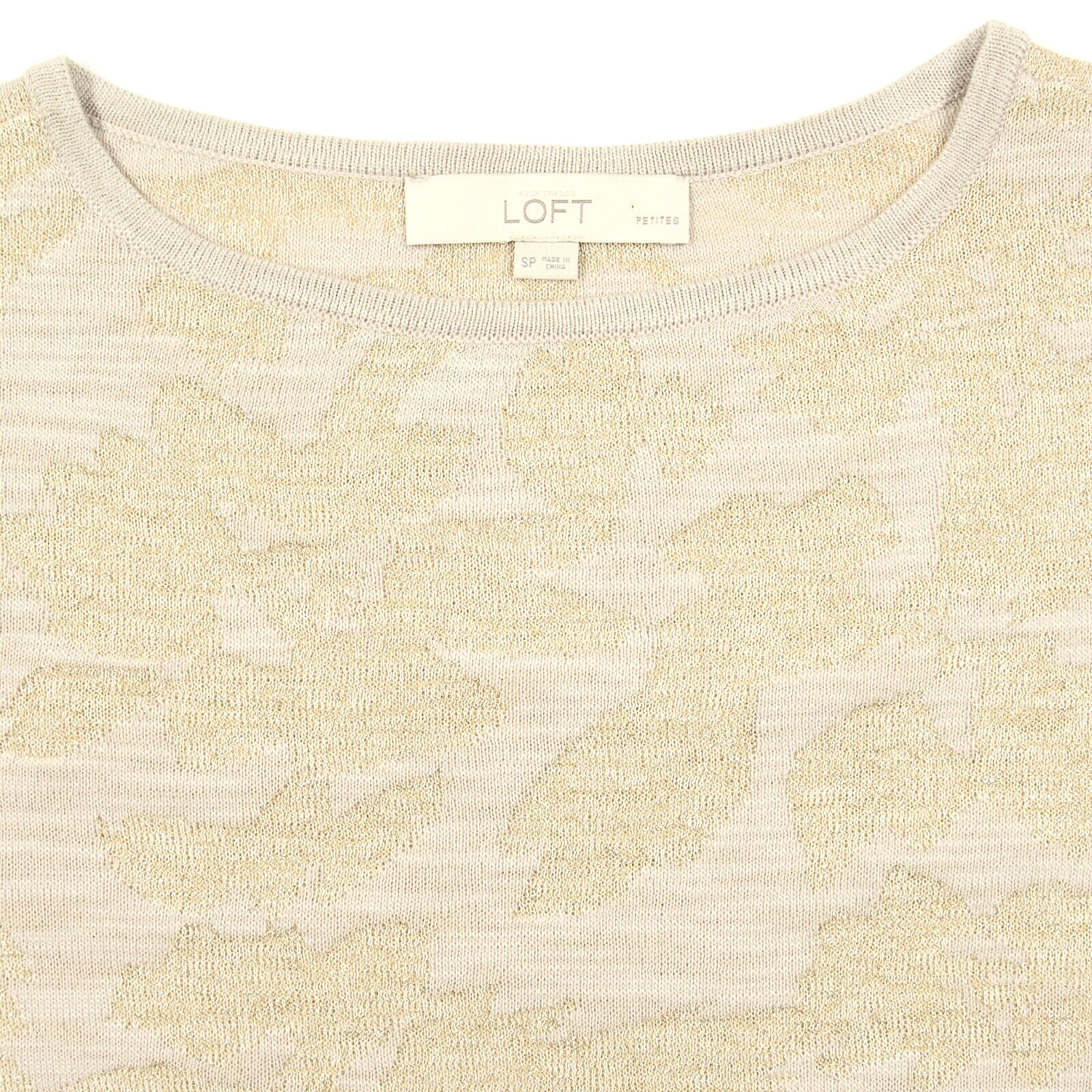 LOFT Petites SP Sweater Feminine Shimmery Gold Rayon Wool Poly Side Vents Ribbed