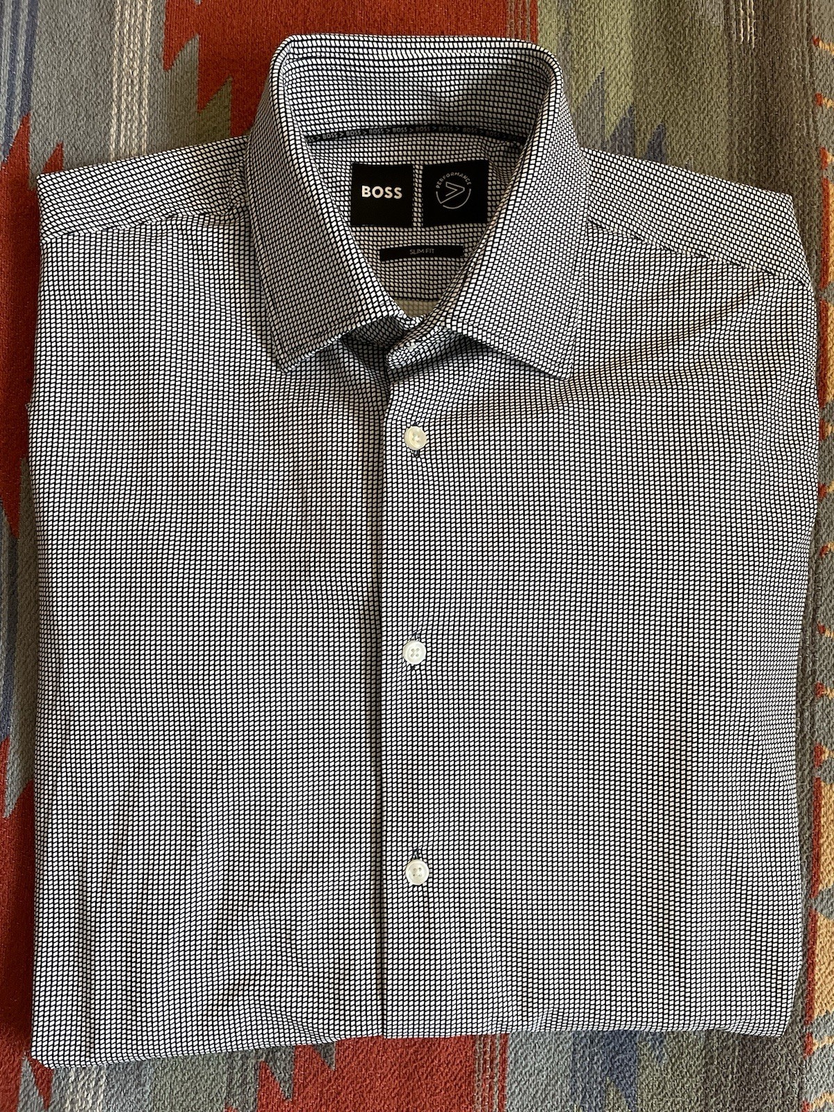 HUGO BOSS Performance Slim Fit Stretch Geo Check Print Hank Kent Shirt Size S