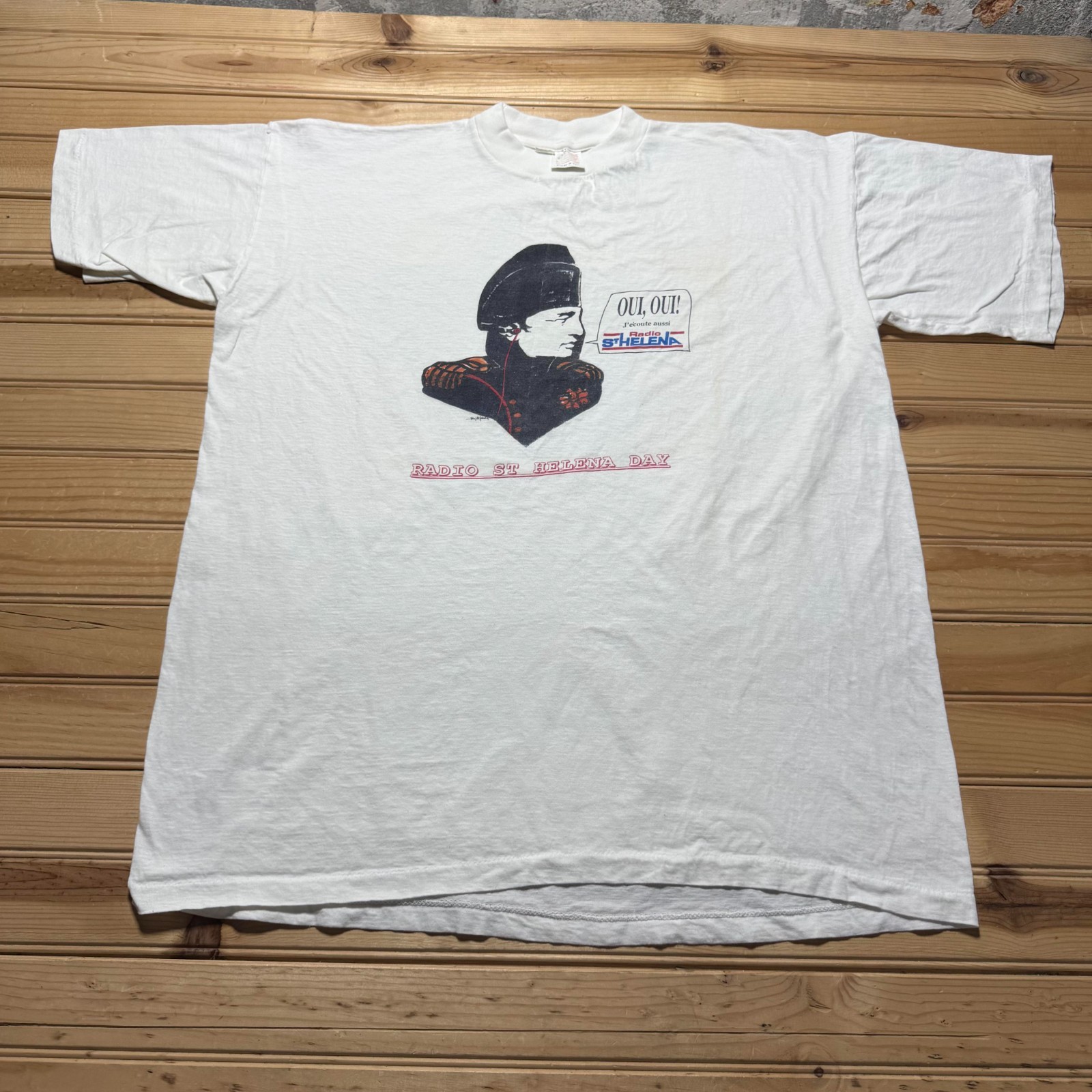 Vintage 90s Radio St Helena Day AM Station Napoleon Graphic Promo T-Shirt USA XL