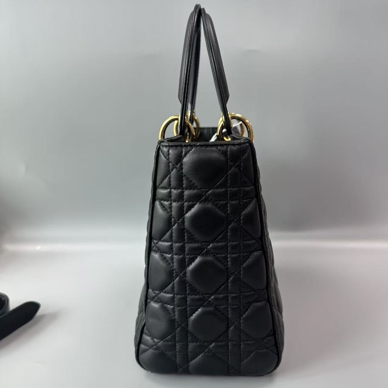 Auth Christian Dior Lady Dior Medium Black Lambskin Gold Hardware Handbag