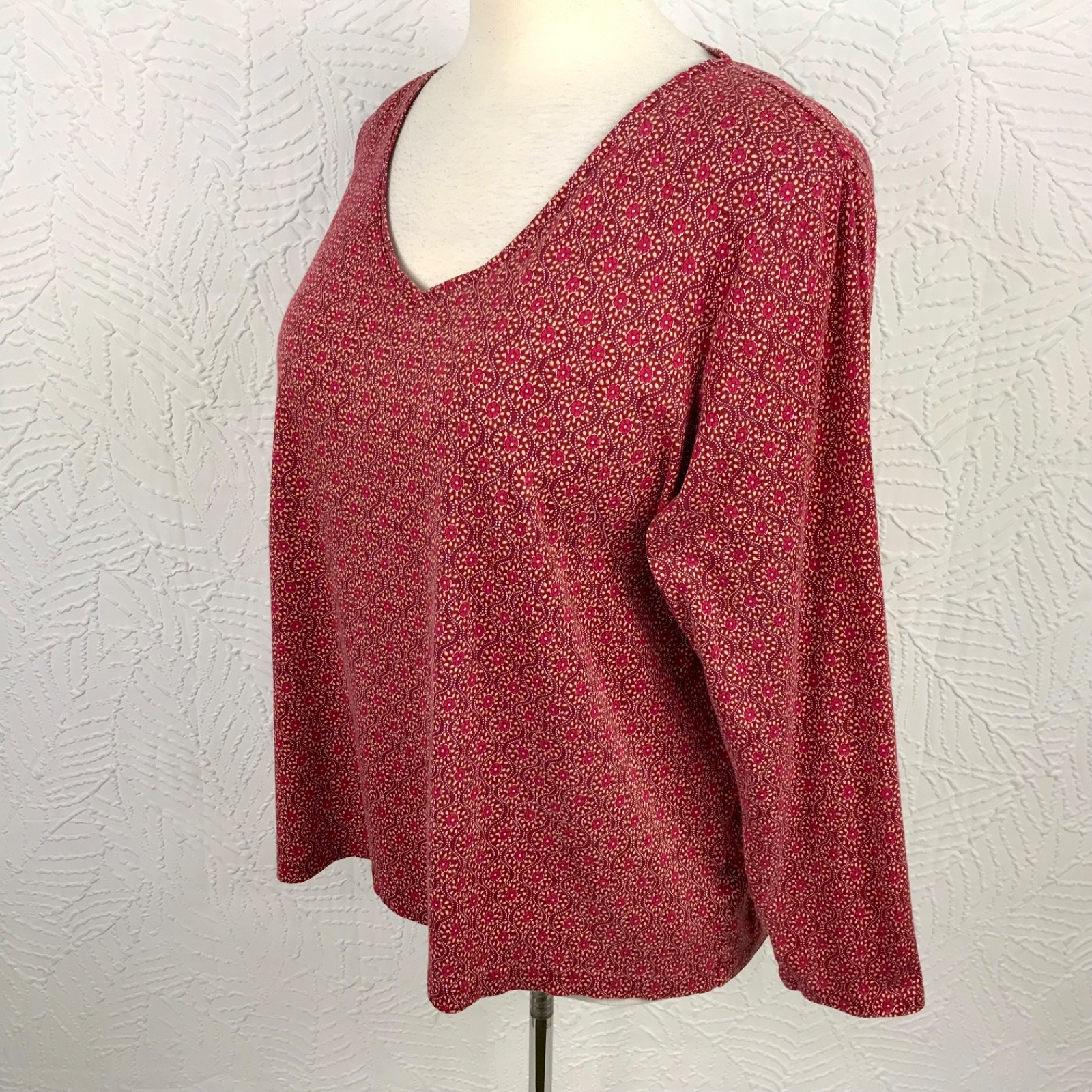 Croft & Barrow Classic Top Tee Shirt 2X Burgundy Geo Long Sleeve 100% Cotton
