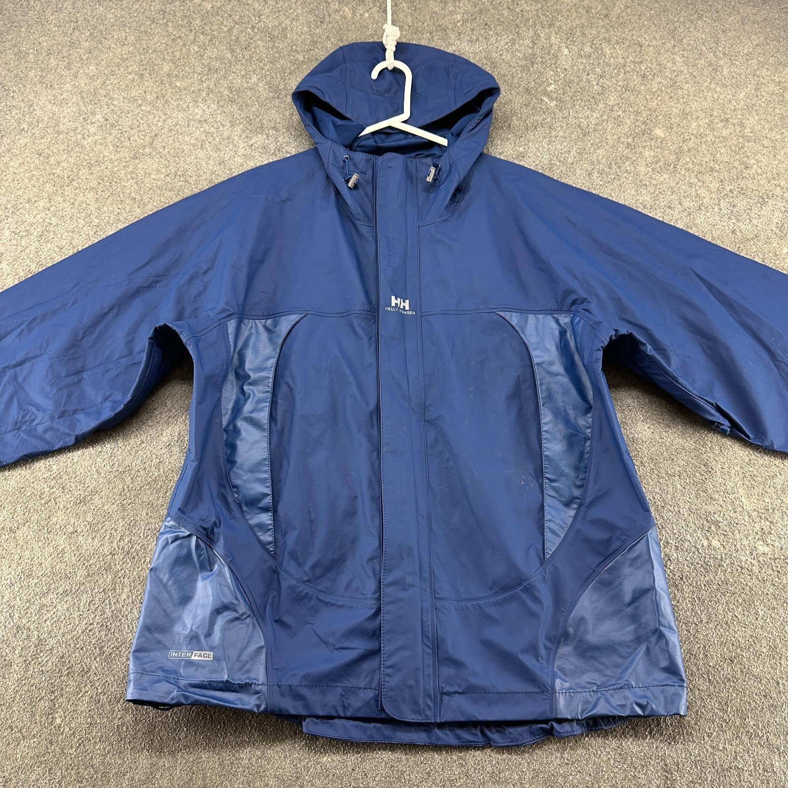 Helly Hansen Jacket Mens L Blue Hooded Rain Ski Snow PVC Mesh Lined Interface