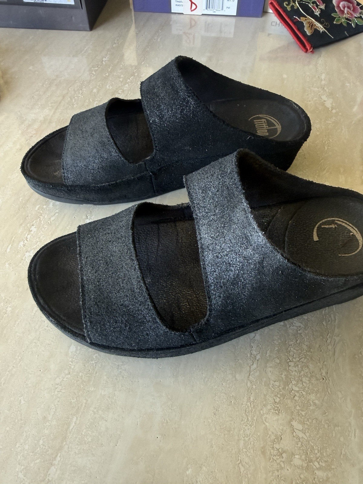 FitFlop Black Leather Wedge Slide Sandals Women’s US 7 Solid Slip On