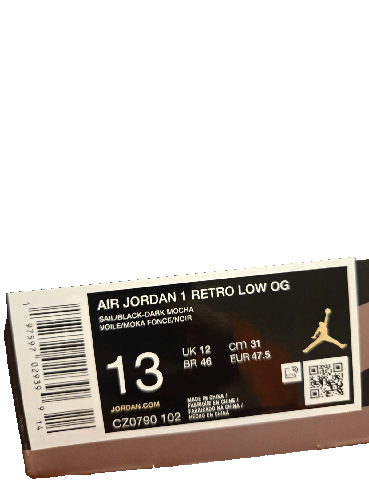 Size 13 – Air Jordan 1 Retro OG Low Mocha. Worn only one time.