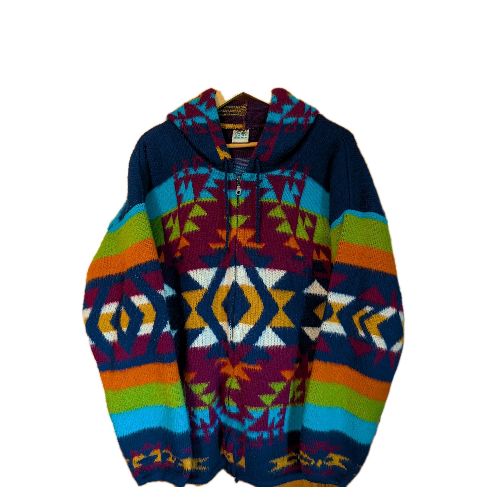 Vintage Yari Artesanias Aztec Wool Handcrafted Andes-Inspired Hooded Jacket Sz L
