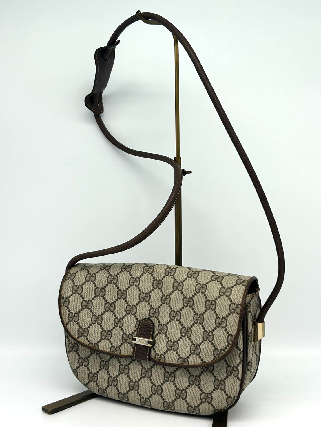 GUCCI Shoulder Bag GG Supreme Brown PVC Leather Vintage Authentic
