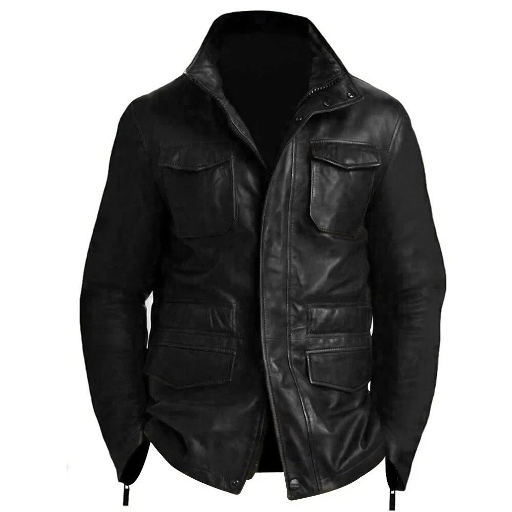 Men’s Black Lambskin Leather M65 Field Jacket Military Utility Coat