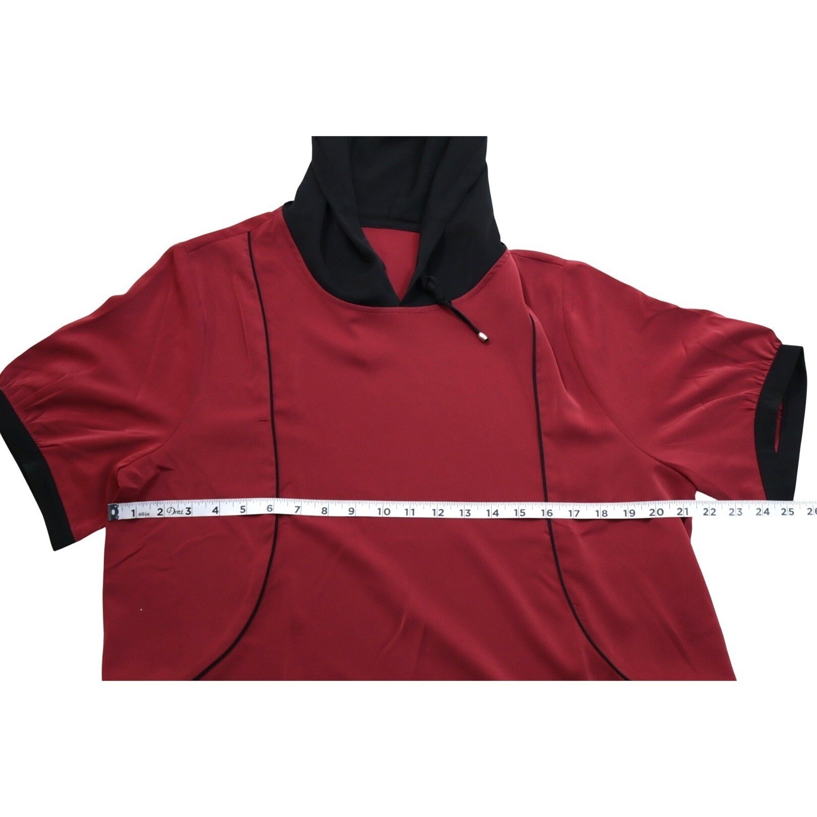 Women Silk Blend Hooded Blouse Burgundy Red Black Piping Short Sleeve Top 4XL