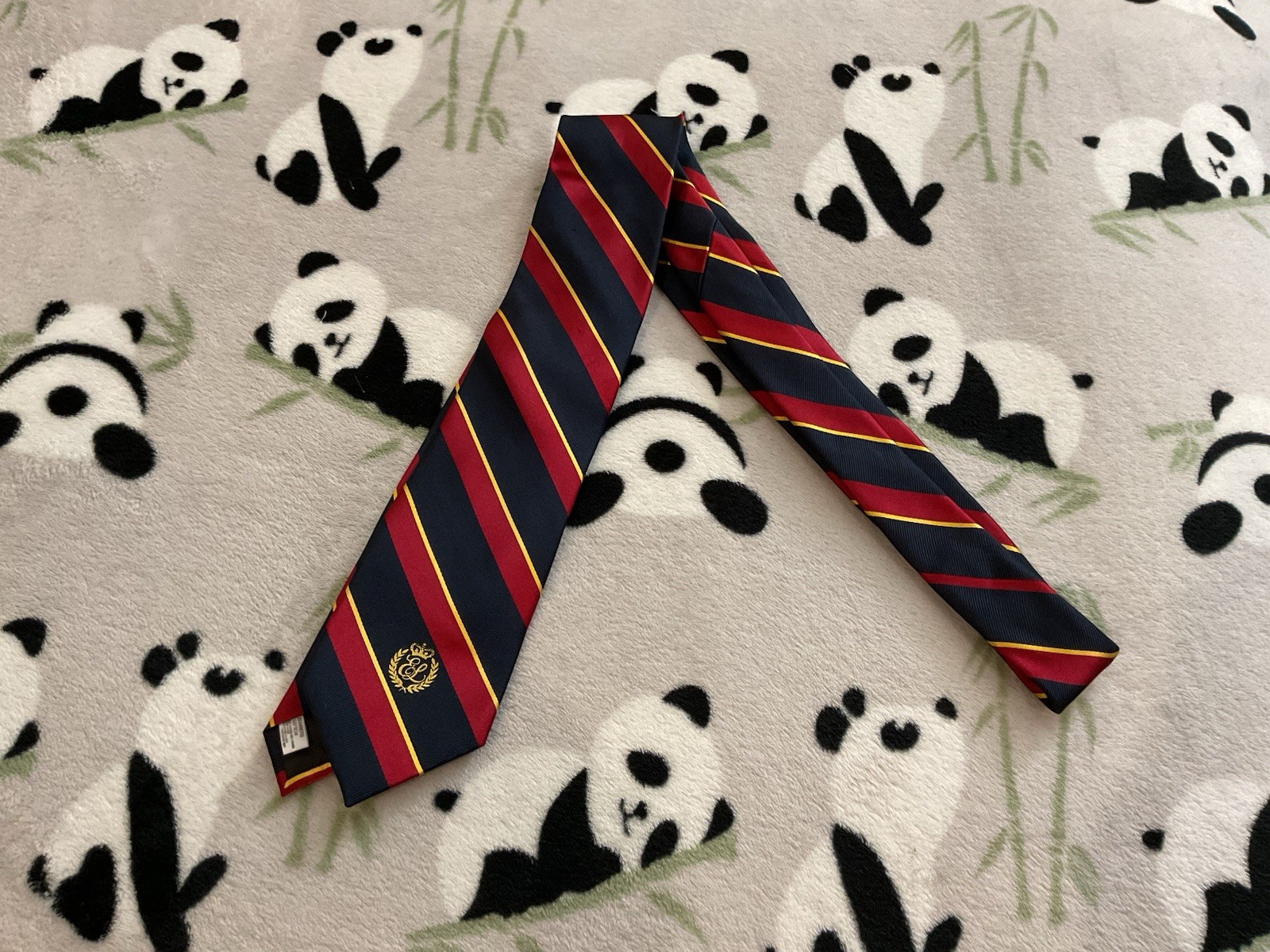 E Land Men’s Tie 3.25″ Red Navy Yellow Repp Stripe Necktie Logo