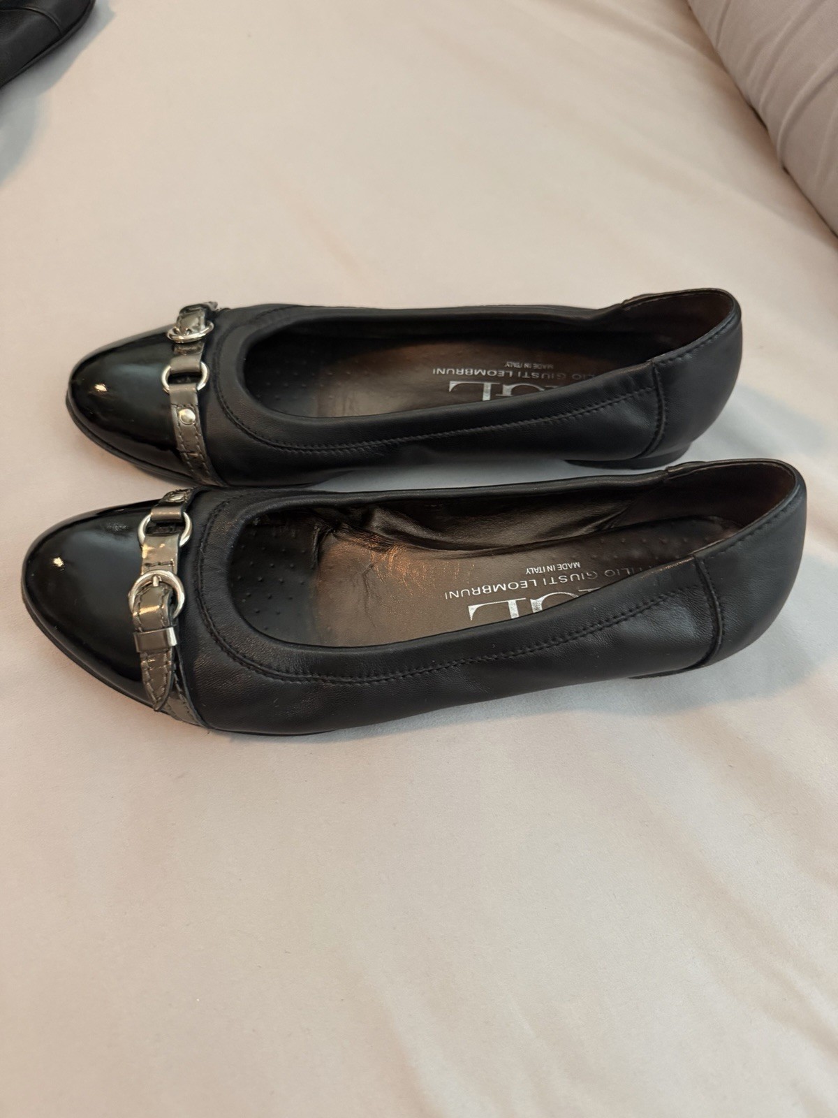 AGL Ballet Flat Black With Black Patent Cap Toe Sz 38.5