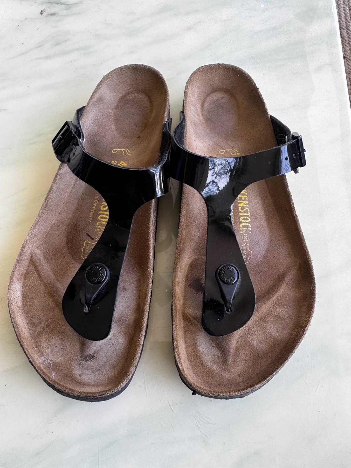 Birkenstock Gizeh Birko-Flor Black Patent Slide Sandal Thong EU 40 US 9- 9.5