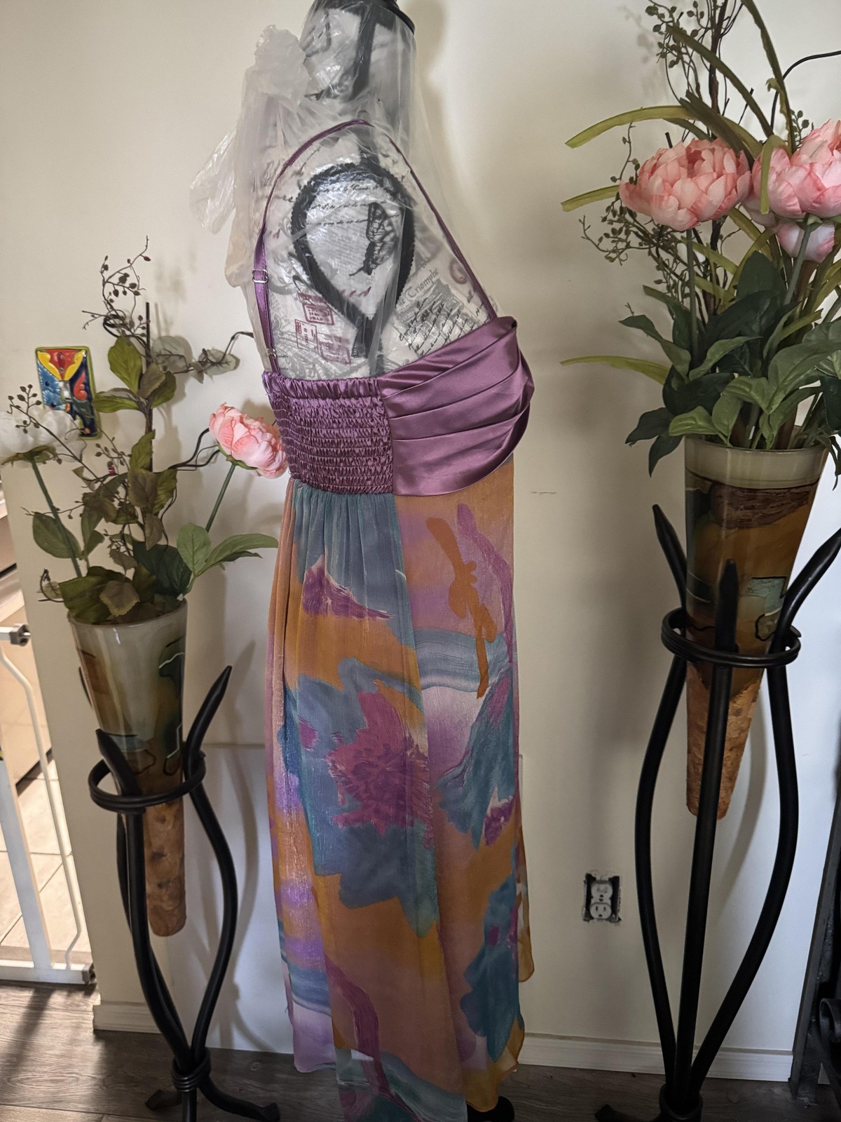 Cathaya Dress Womens Small Purple Multicolor Maxi Chiffon Ruched Floral Strappy