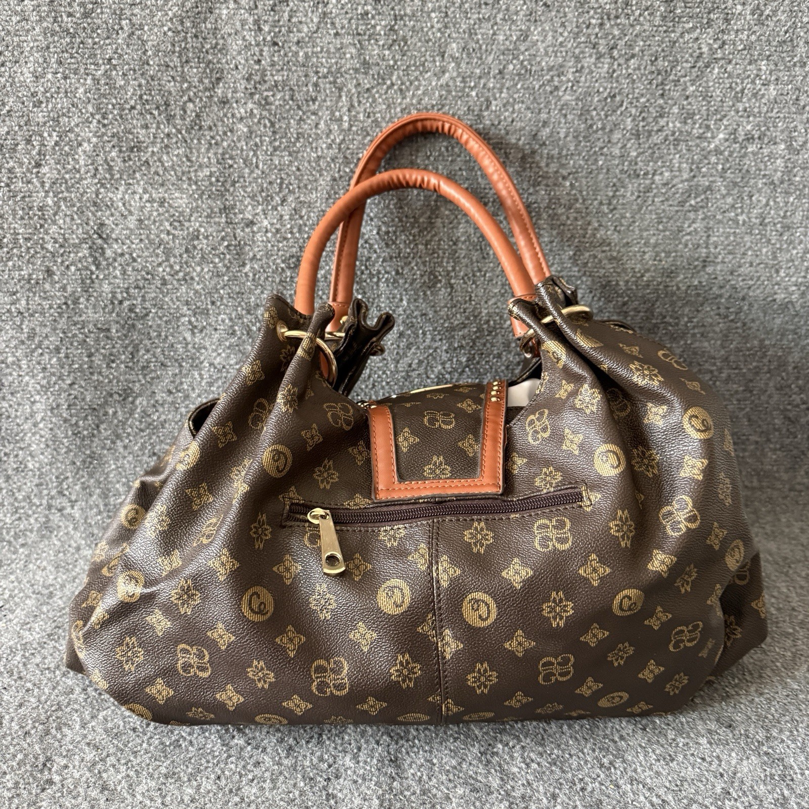 Brown Logo Print Satchel Top Handle Bag Double Handles Zip Gold Studded Accents