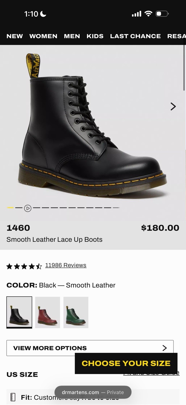Dr. Martens 1460 Women’s Original Smooth Leather Lace Up Boots – Black, Size 10
