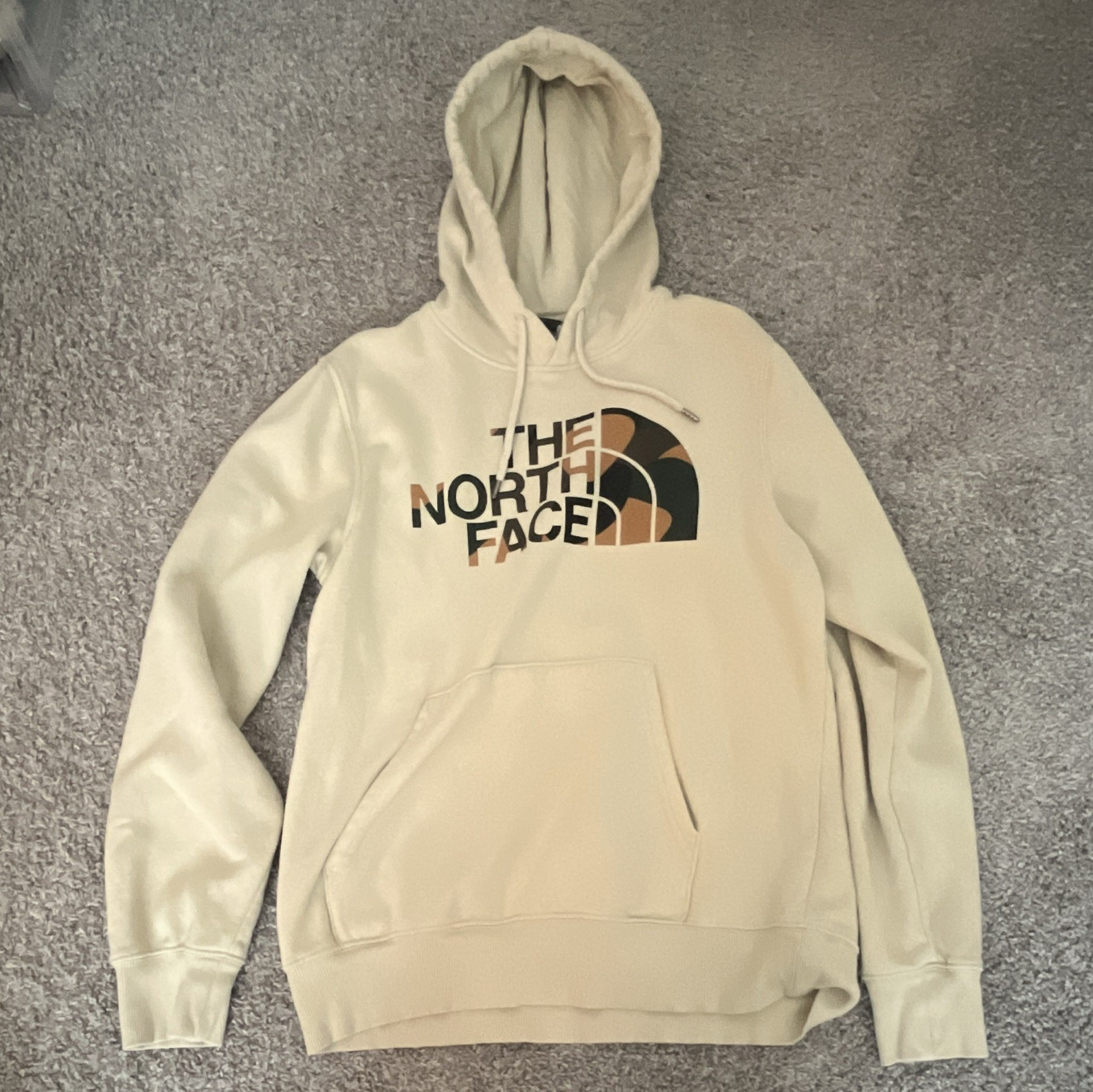 The North Face Graphic Logo Fleece Pullover Hoodie Beige Men’s M Pockets