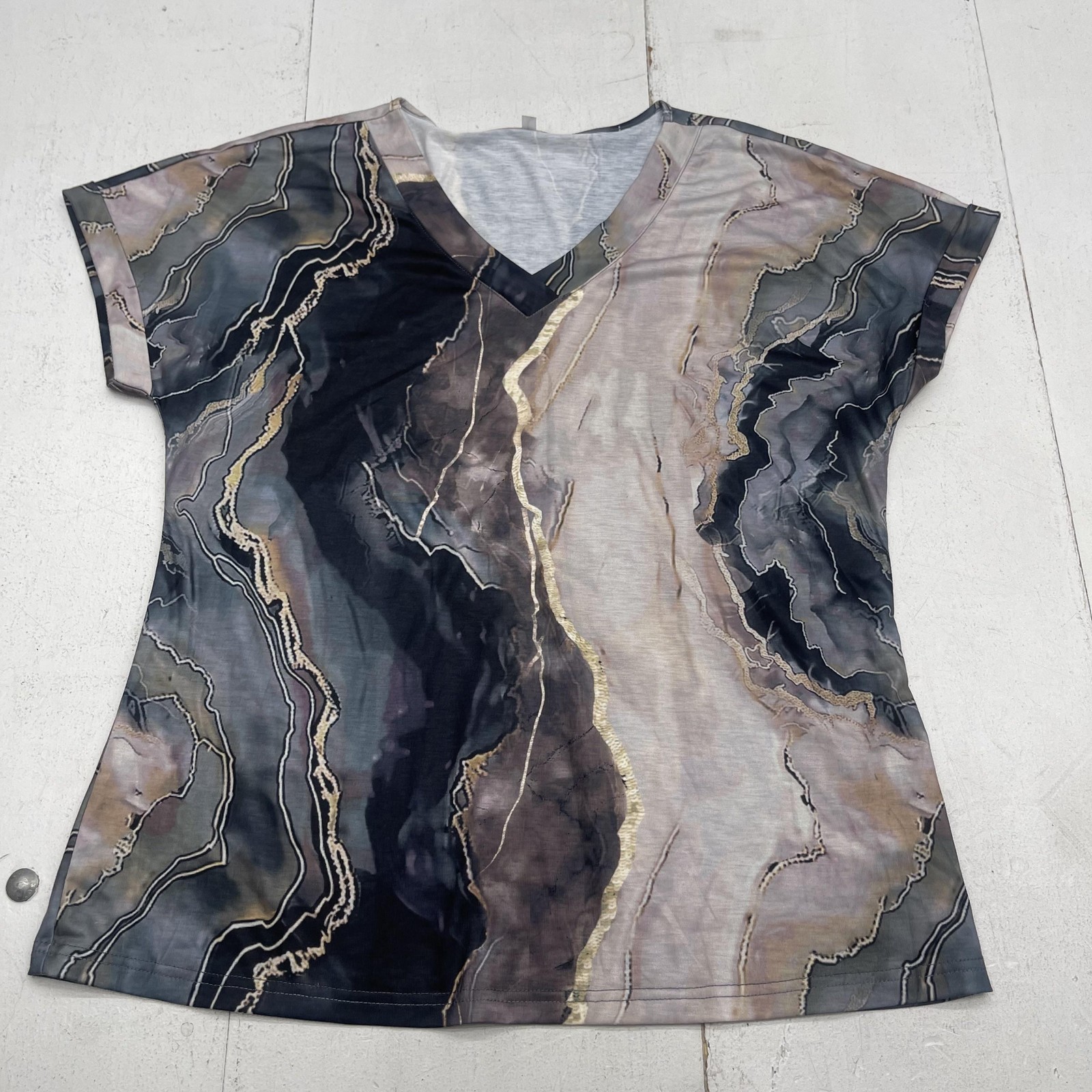 T-Shirt Womens L Multicolor V Neck Short Dolman Sleeve Marble Print Jersey Top
