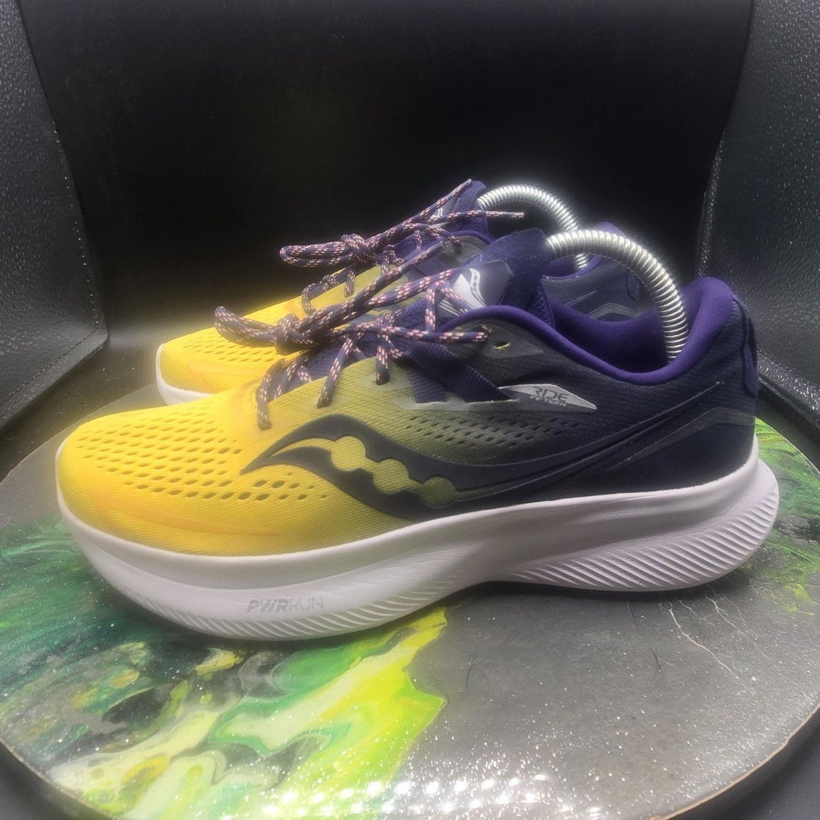 saucony ride 15 vizipro yellow purple mesh lace up low top sneaker s10729-65