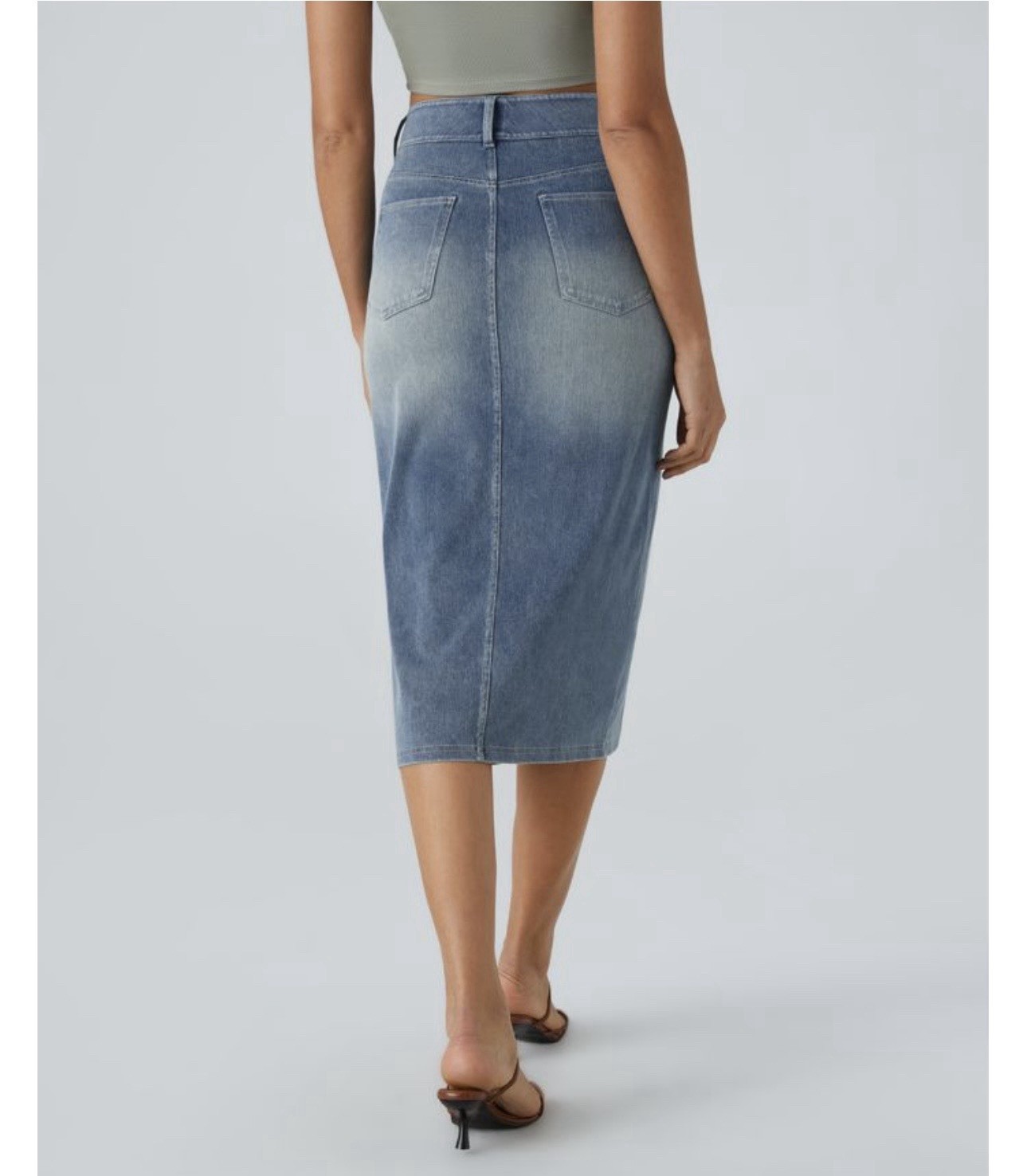 Halara Blue Gray Denim High Rise Pencil Midi Skirt Stretch Pockets Slit S