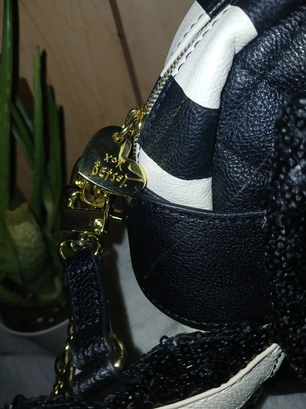 Betsey Johnson Black Quilted Heart Crossbody with Striped Accents, Whimsy, bow