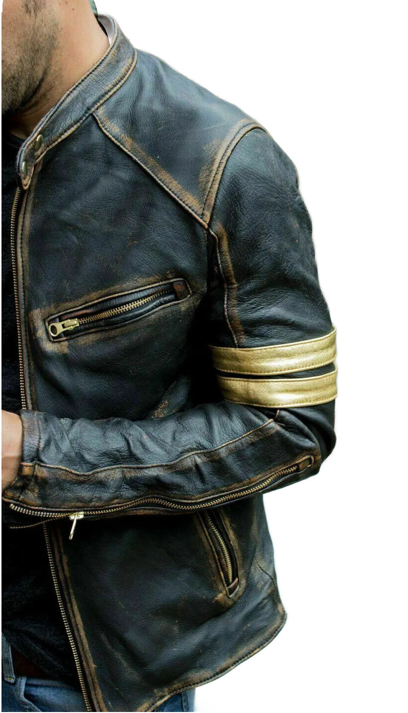 Mens Motorcycle Biker Vintage Cafe Racer Distressed Black Genuine Leather Jacket