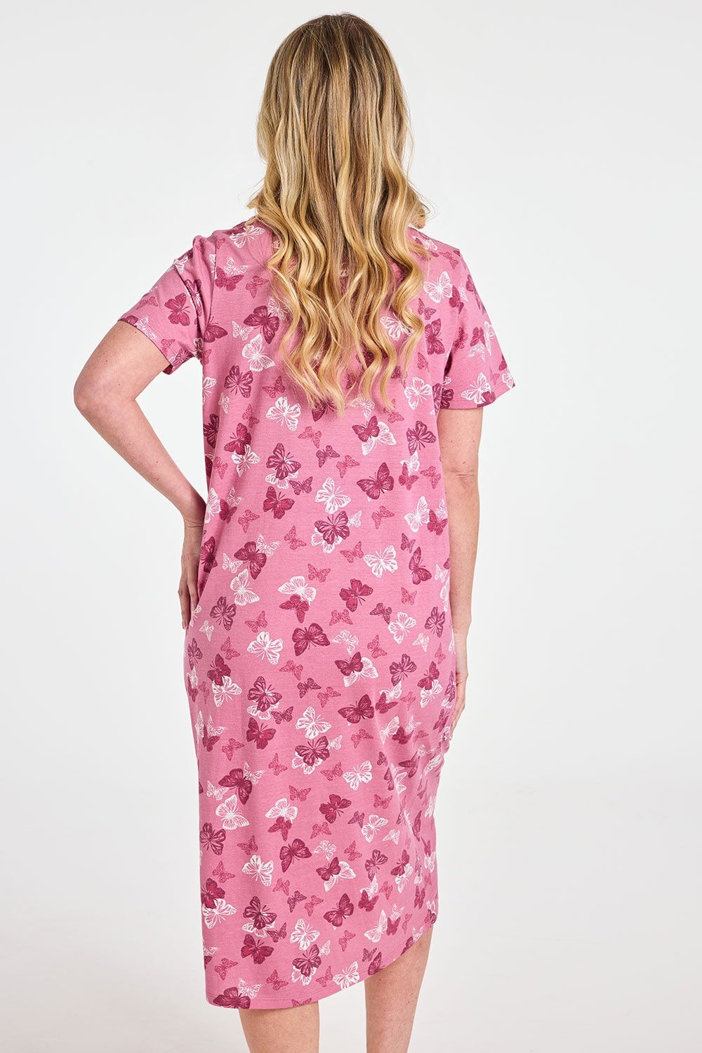 Bon Marche Size 12/14 Pink Butterfly Cotton Short Sleeve V Neck Nightdress New