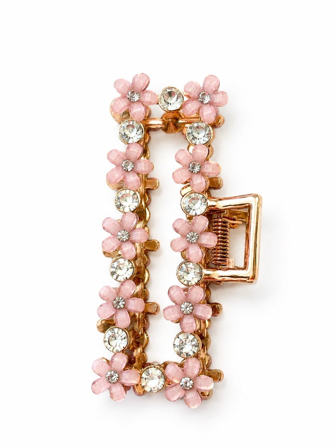 Pink Floral Flower Hair Clip Barrette, Clear Rhinestones, Gold-Tone Metal