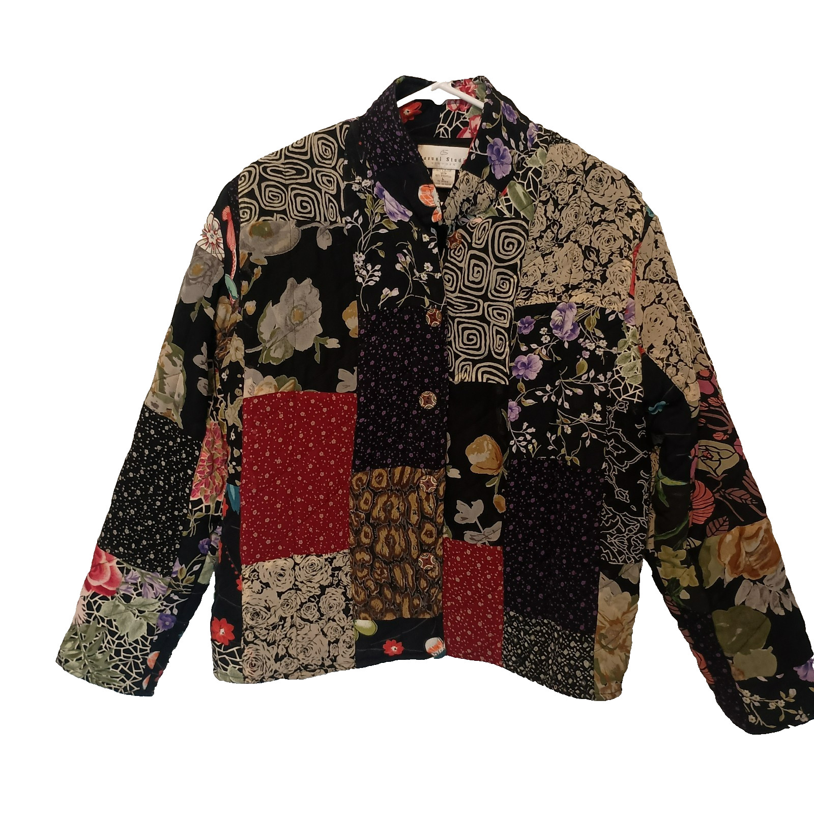 Patchwork Mixed Print Boho Artsy Eclectic Collared Top Jacket SZ L