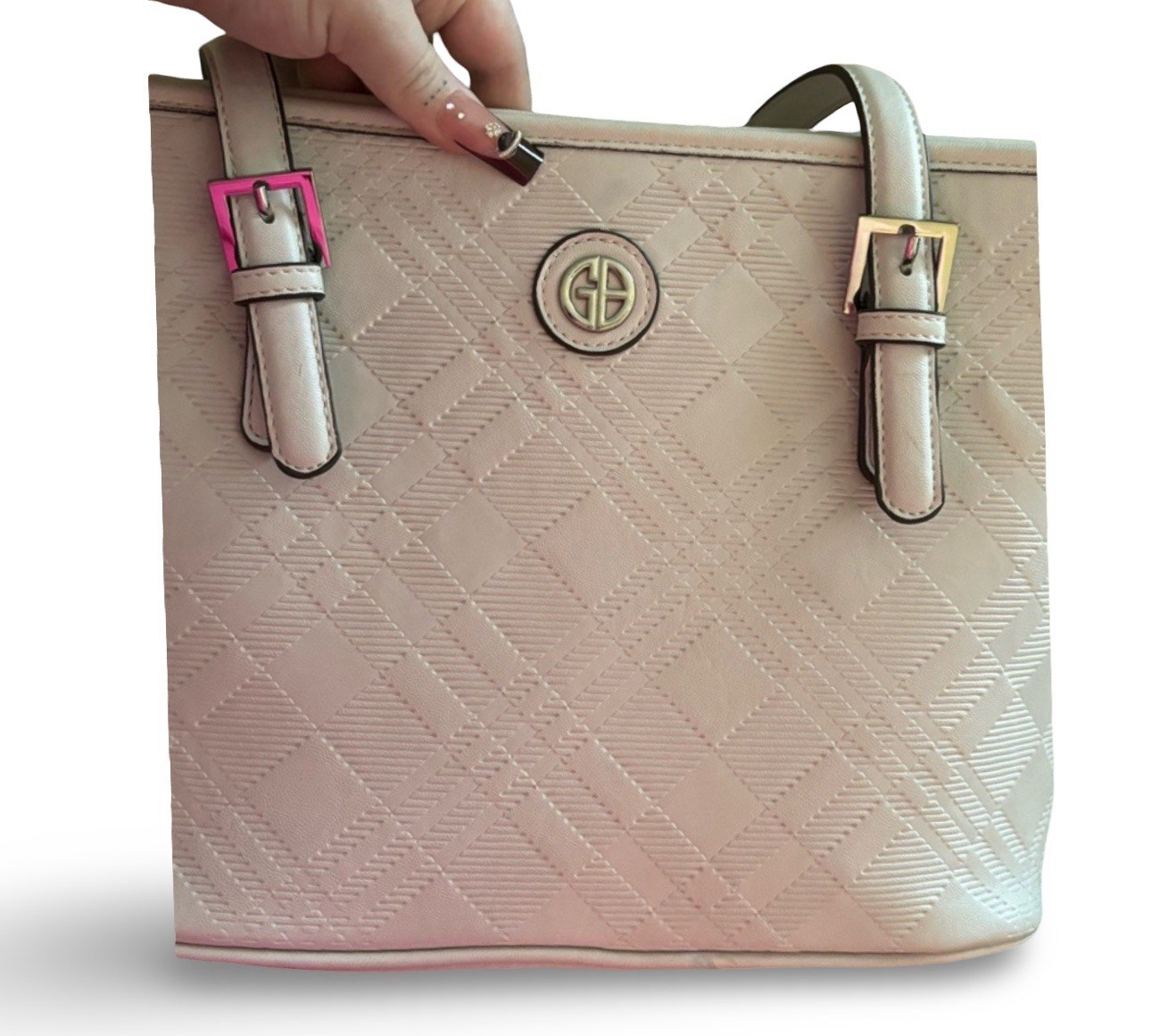 Giani Bernini Beige Embossed Logo Tote Bag, Zip, Double Handles, Pockets