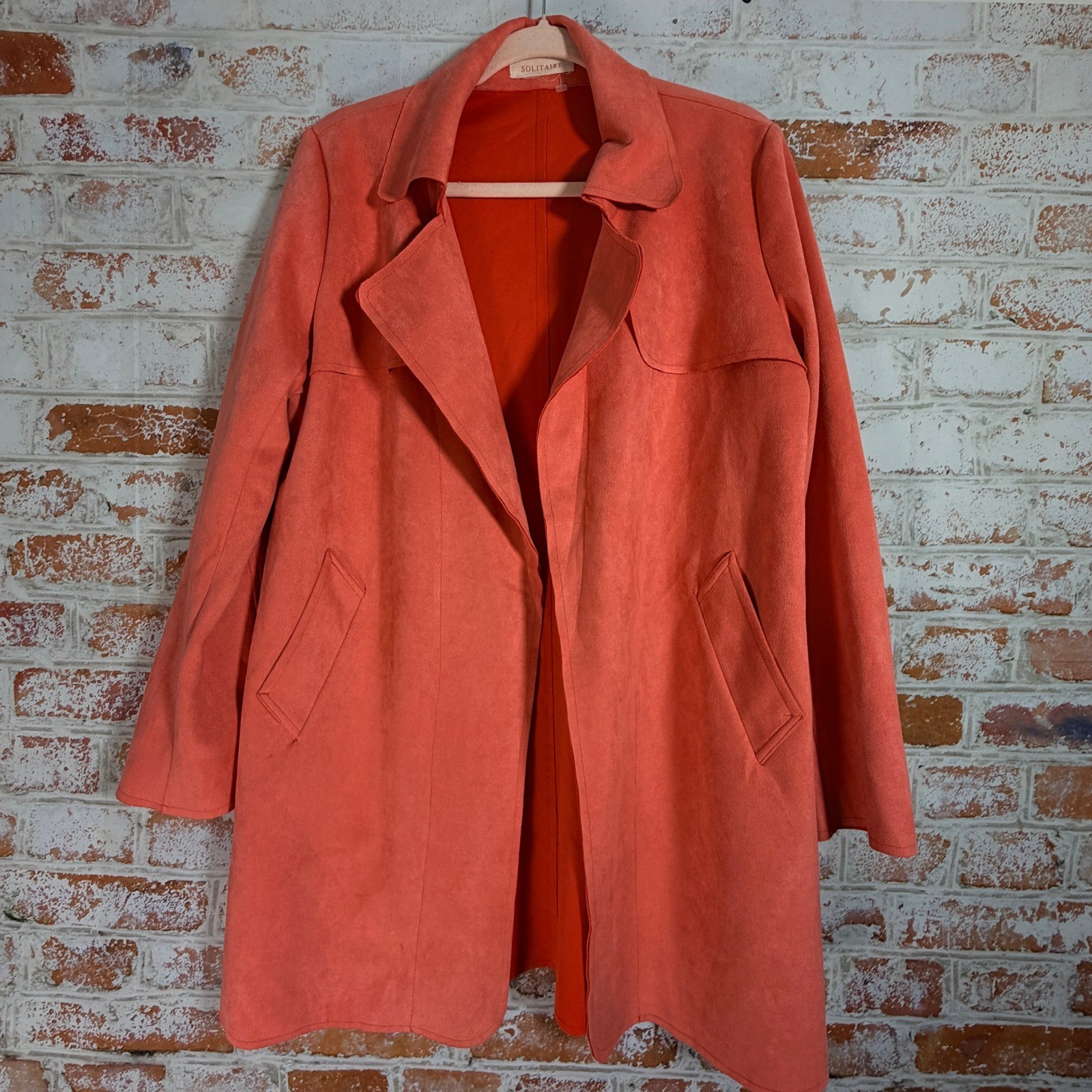 Solitaire Anthropologie Faux Suede Trench Coat Large Waterfall Jacket No Belt