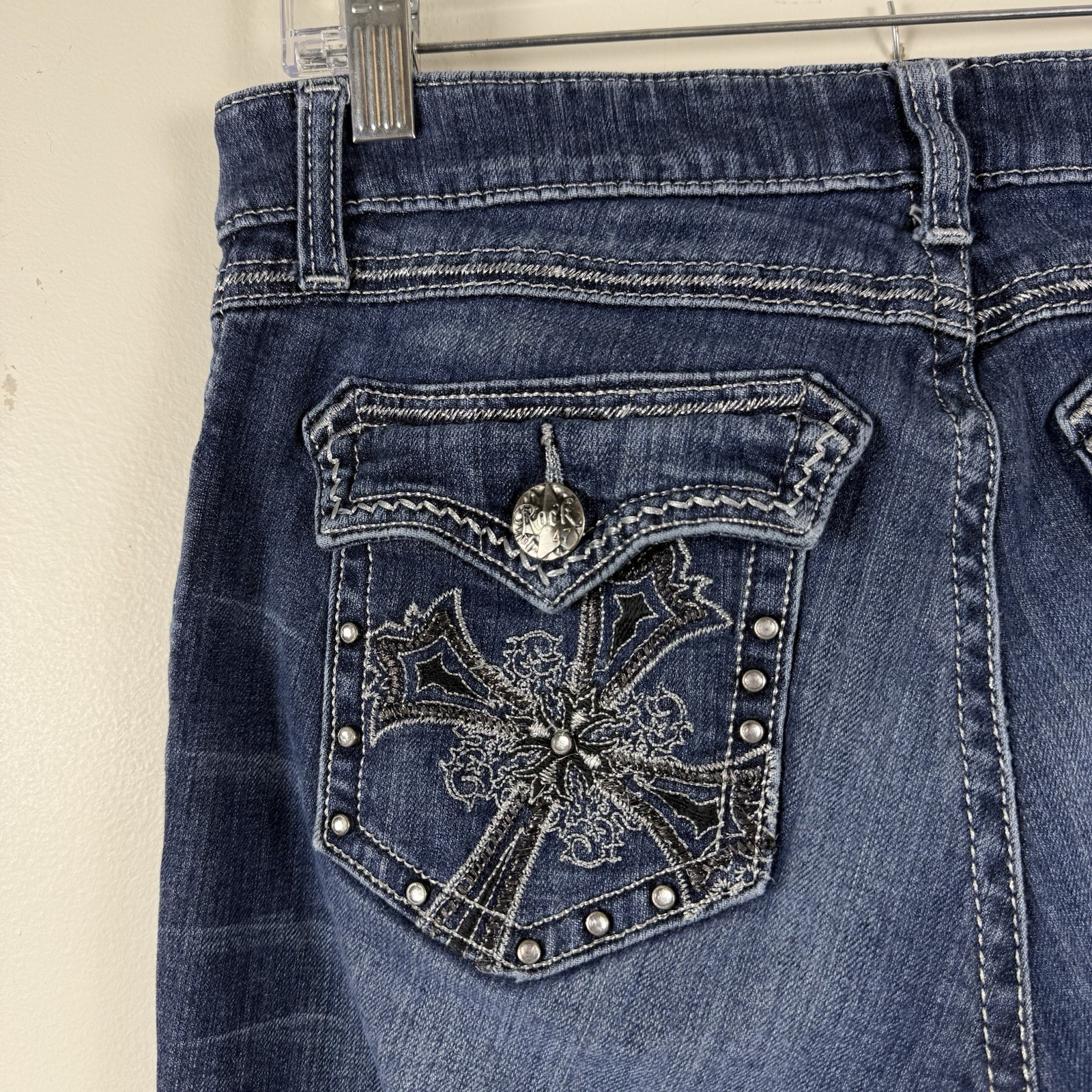 Wrangler Rock 47 Low Rise Bootcut Jeans SZ 7×34 Western Embellished Distressed