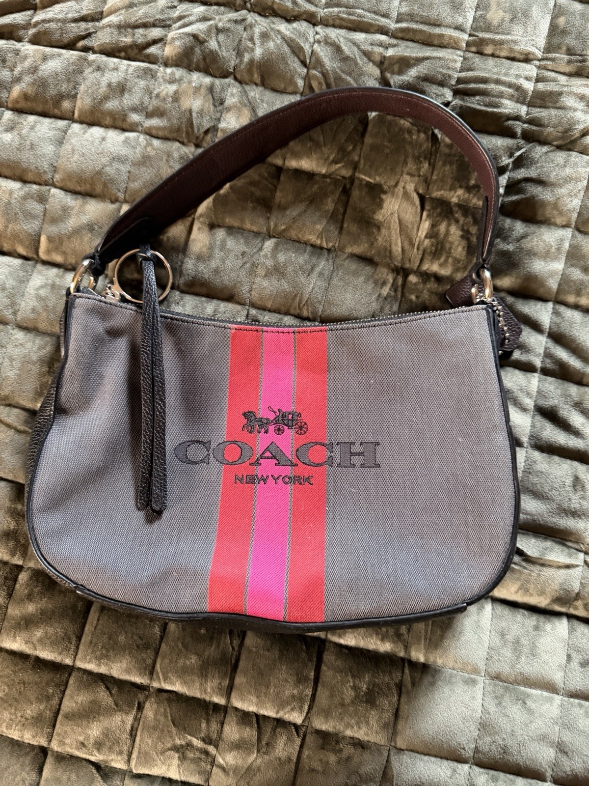Coach Logo Stripe Gray Shoulder Bag Zip Gold Hardware, Detachable Strap