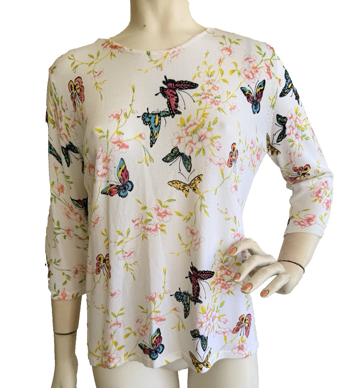 NWT JOSEPH A. Sweater Top White Butterfly Floral Print Viscose 3/4 Sleeve XL