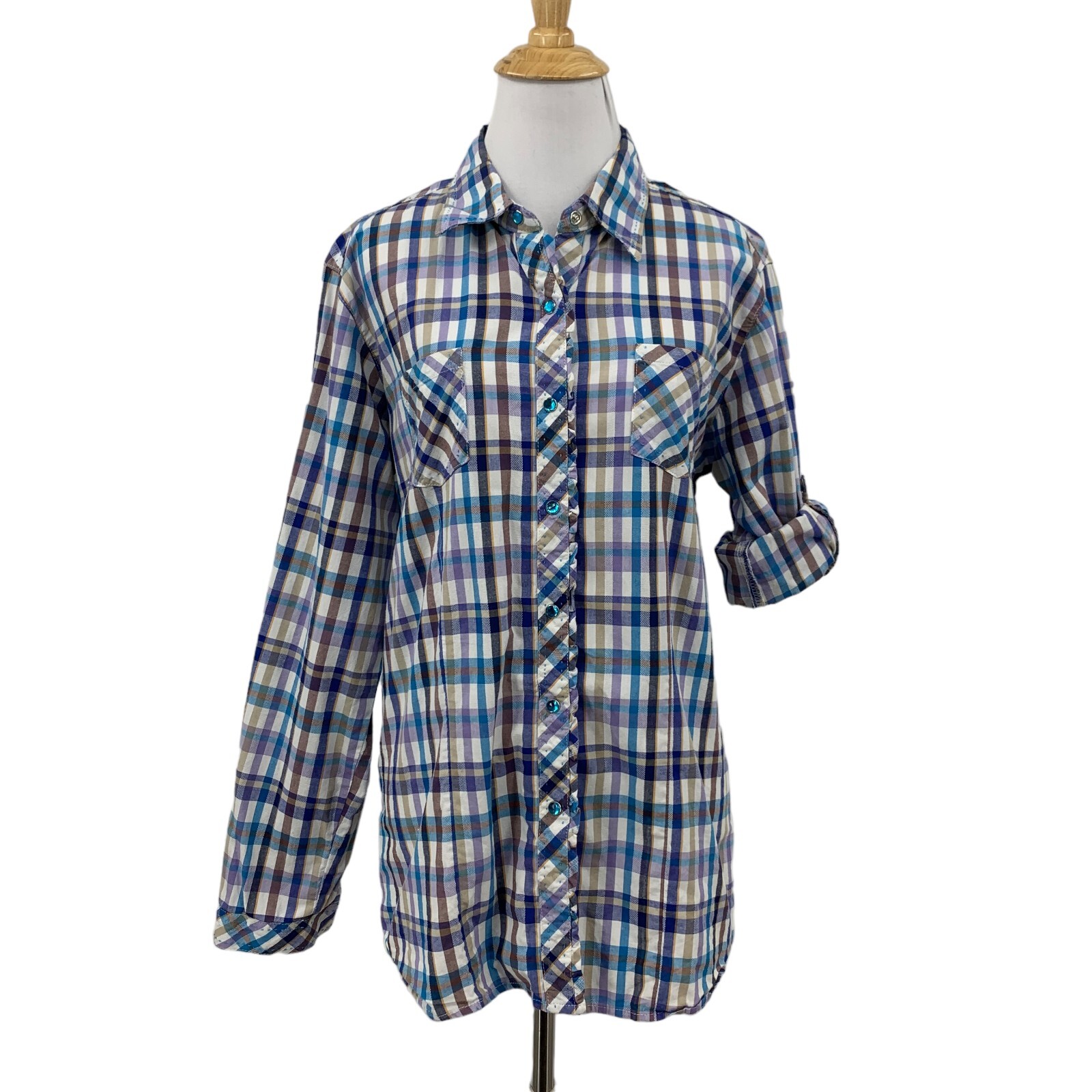 Cowgirl Up Western Shirt Womens XL Pearl Snap Lace Up Back Tab Sleeve Collar