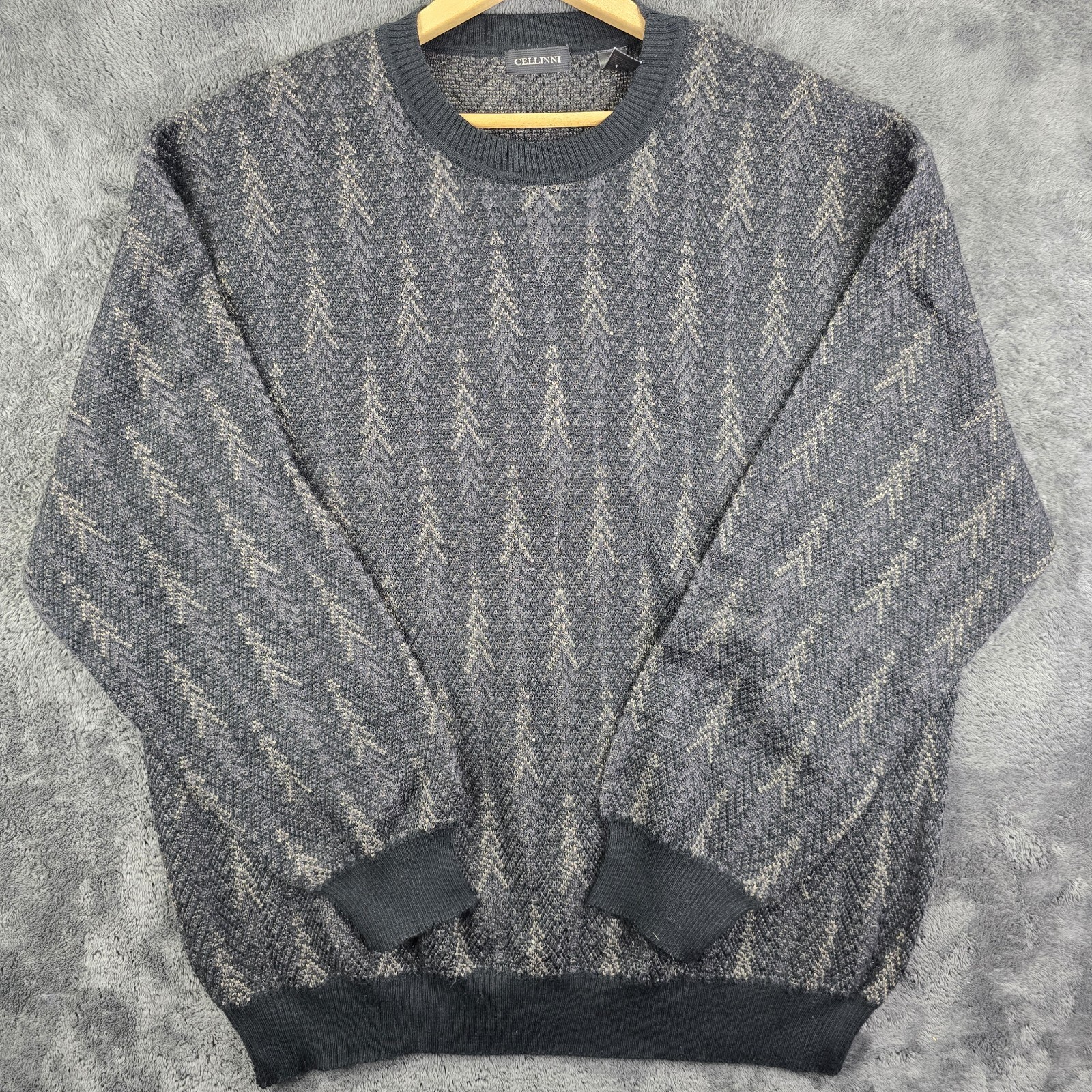 Vintage Cellini Mens XLT Pattern Sweater Wool Acrylic Blend Black