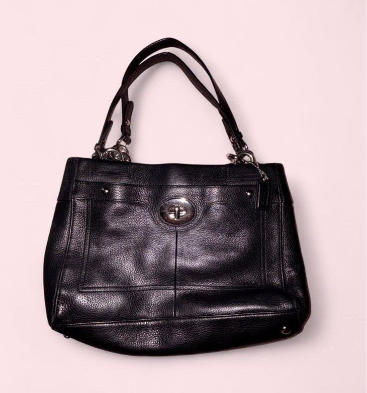 Coach Black Pebbled Shoulder Bag Turn Lock Zip Pockets Double Handles