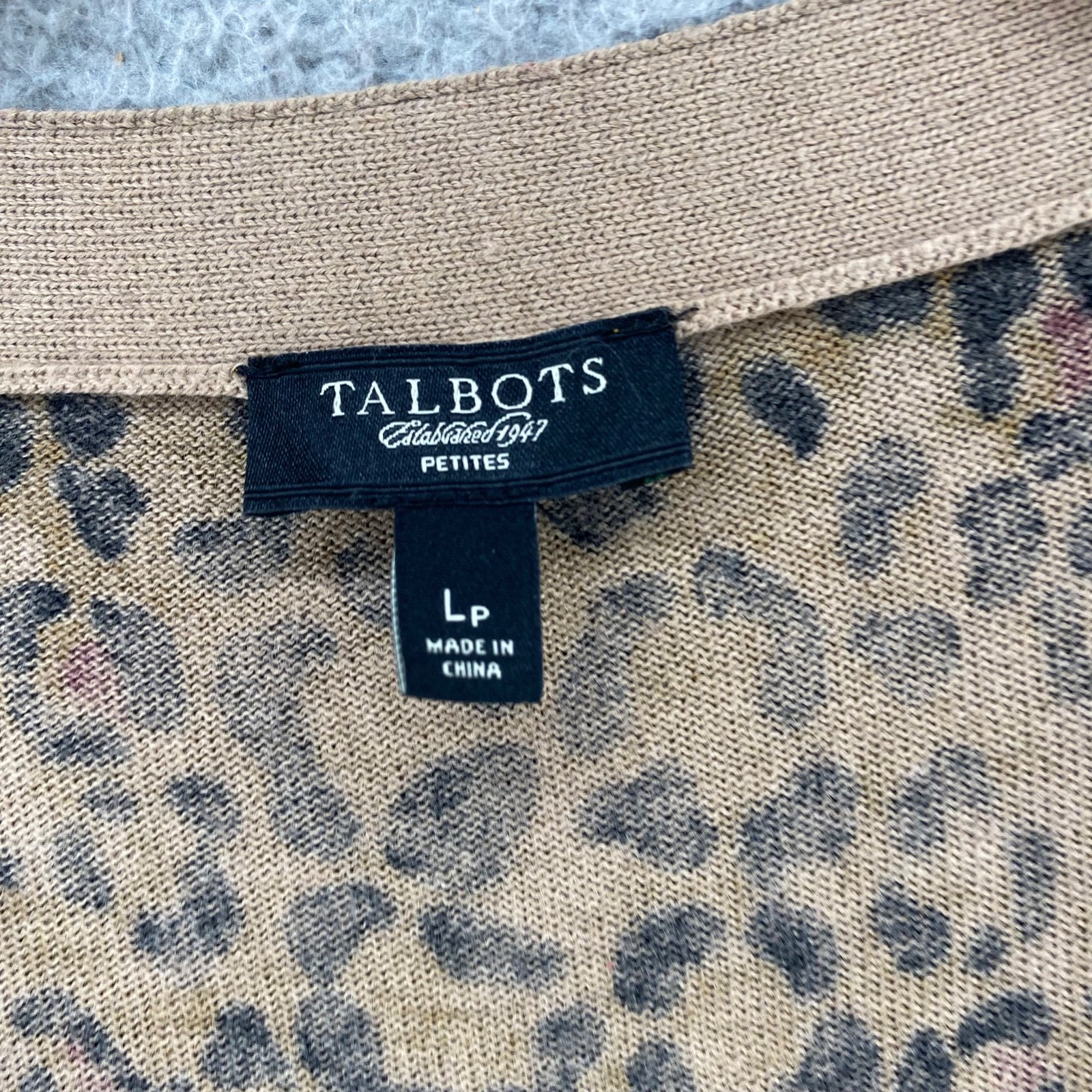Talbots Sweater Women Large Petite Brown Animal Print Wool Blend Button Cardigan