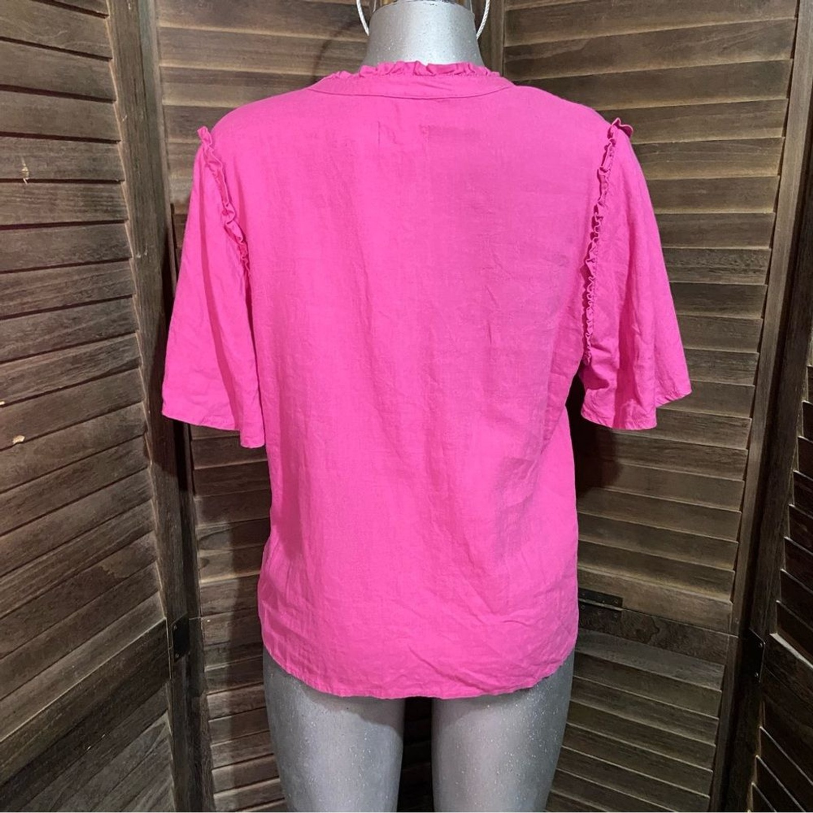 QVC Linen Candace Cameron Bure Blouse Top Size Medium Ruffle V-Neck Henley Pink