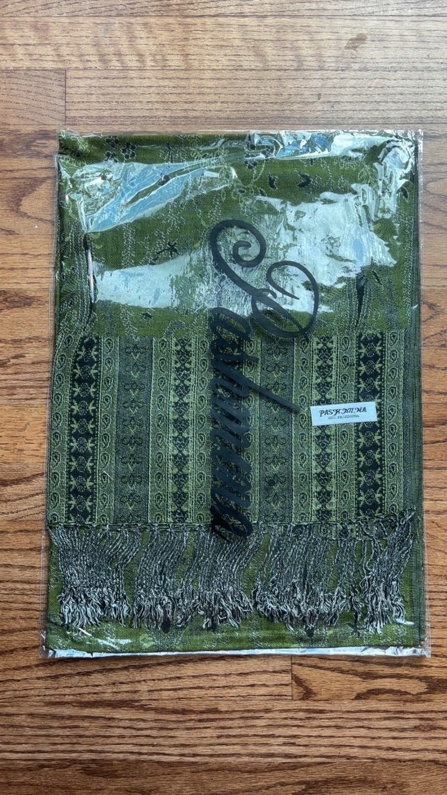100% Pashmina Shawl Olive Green Black Woven Pattern Fringe Wrap Scarf New