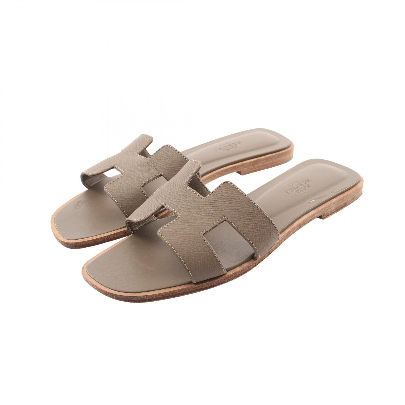 HERMES Oran Mule Sandals Shoes #37 1/2 leather Beige Used Women