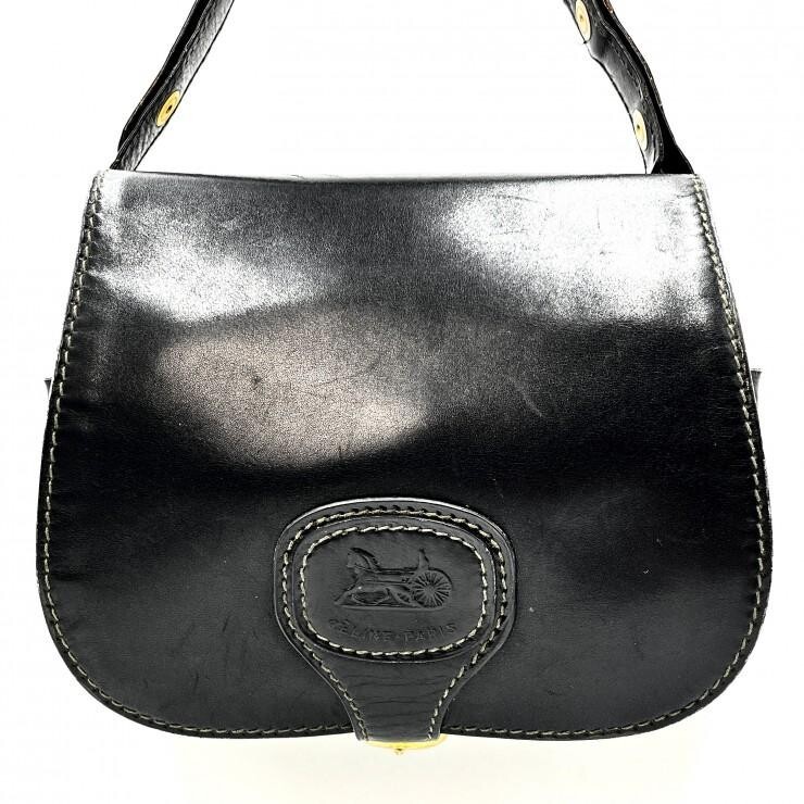 CELINE Vintage Horse Carriage Black Leather Shoulder Bag Gold Hardware Women
