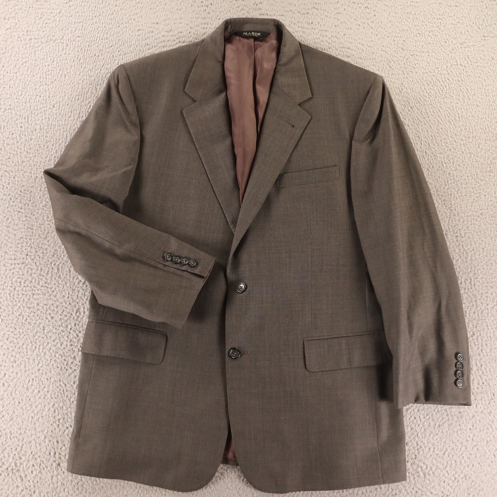 Jos A Bank Jacket L 44R Tan Olive Houndstooth 100% Wool Signature Two Button
