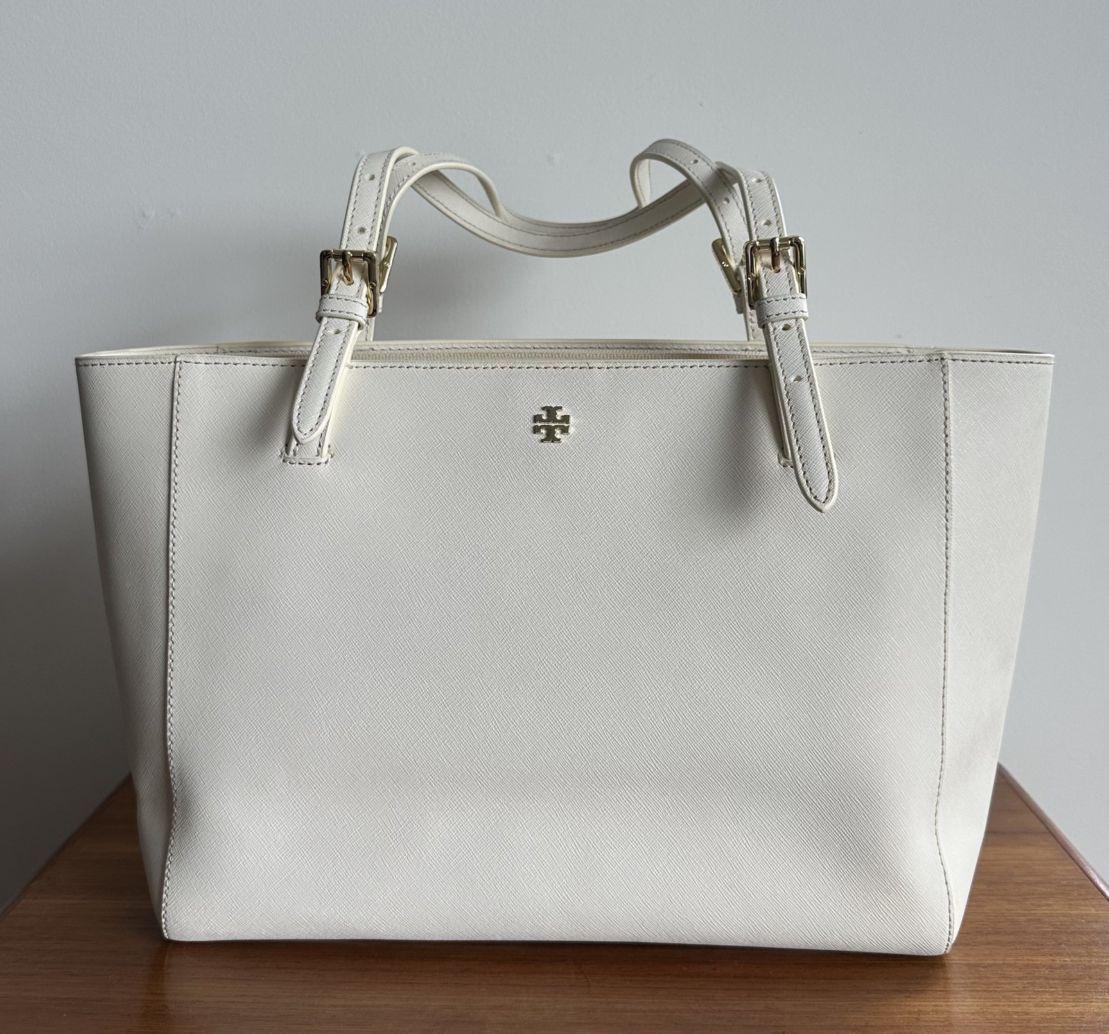 Tory Burch York Buckle Tote – Small, Cream. Saffiano Leather with Gold Hardware