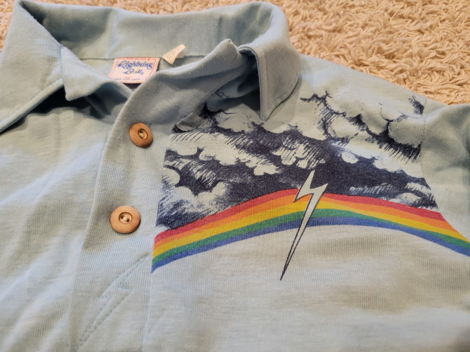 VTG 70s Lightning Bolt Polo Shirt Surfer Waves Wood Button Blue Surf Sz Xs*